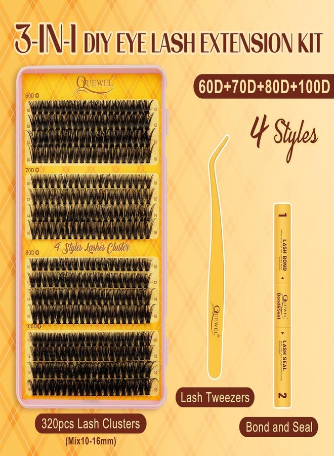 QUEWEL 320PCS Lash Clusters Kit 60D+70D+80D+100D Lashes Clusters Kit 10-18mm Cluster Lashes Individual Eyelash Clusters Reusable for Natural DIY Cluster Eyelash Extensions for Beginners - Image 2